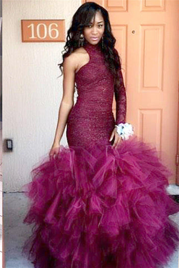 HIGH-NECK ONE-SLEEVE SHEATH LACE PUFFY TULLE PROM DRESS HZ1023